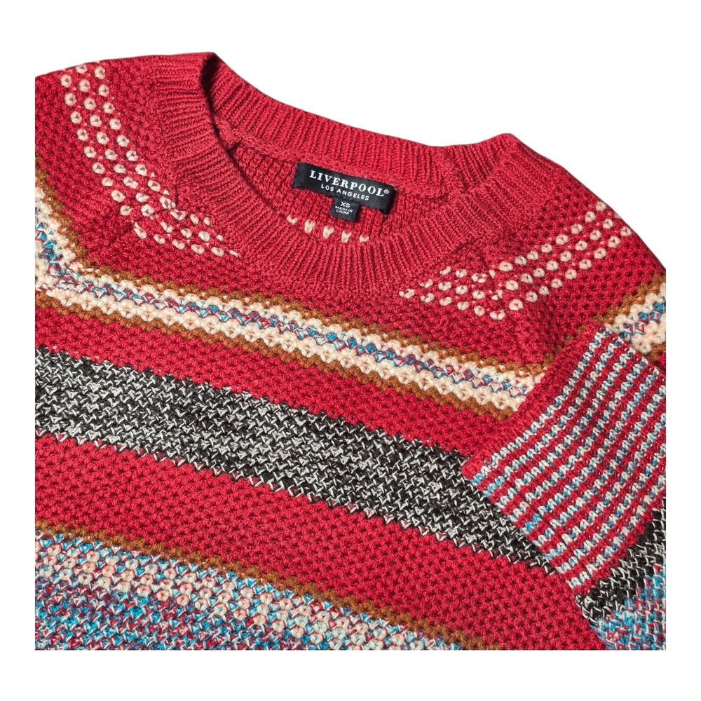 Liverpool Cozy Sweater‎ Raglan Sleeve Striped Round Hem Button Women's XS